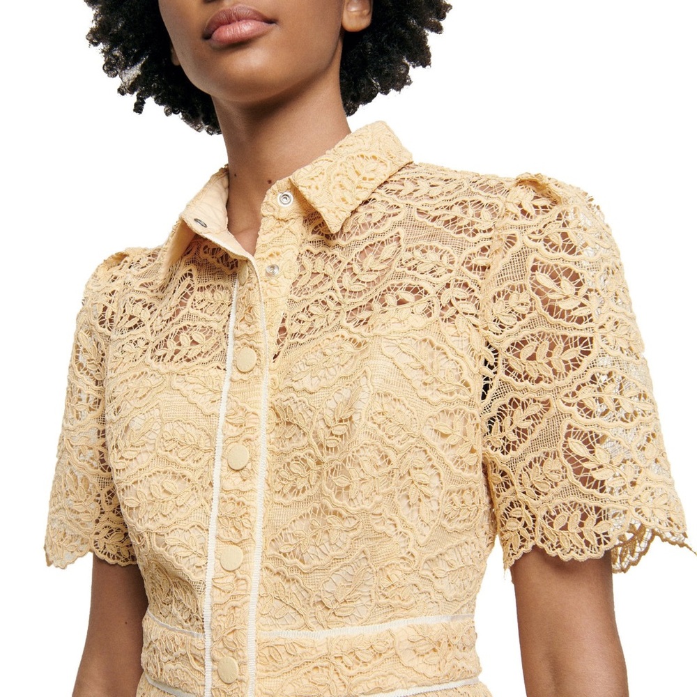 BRAND NEW SANDRO PARIS Elegant Lace Midi Dress in butter yellow